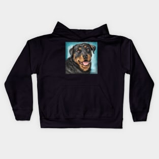 Painting of a Smiling Rottweiler with an Adorable Expression - Light Blue Spattered Background Kids Hoodie